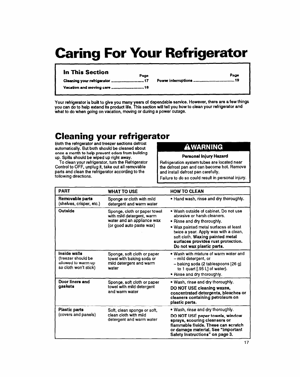 Caring for your refrigerator, Cleaning your refrigerator, Warning | Whirlpool 8EDZOZK User Manual | Page 18 / 25