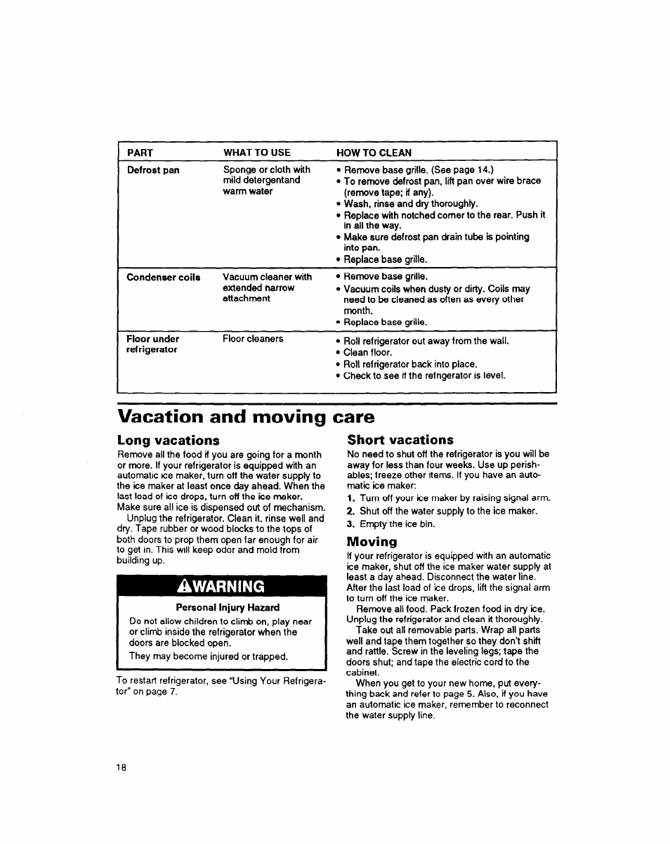 Vacation and moving care, Long vacations, Short vacations | Moving, Warning | Whirlpool 8EDZOZK User Manual | Page 19 / 25