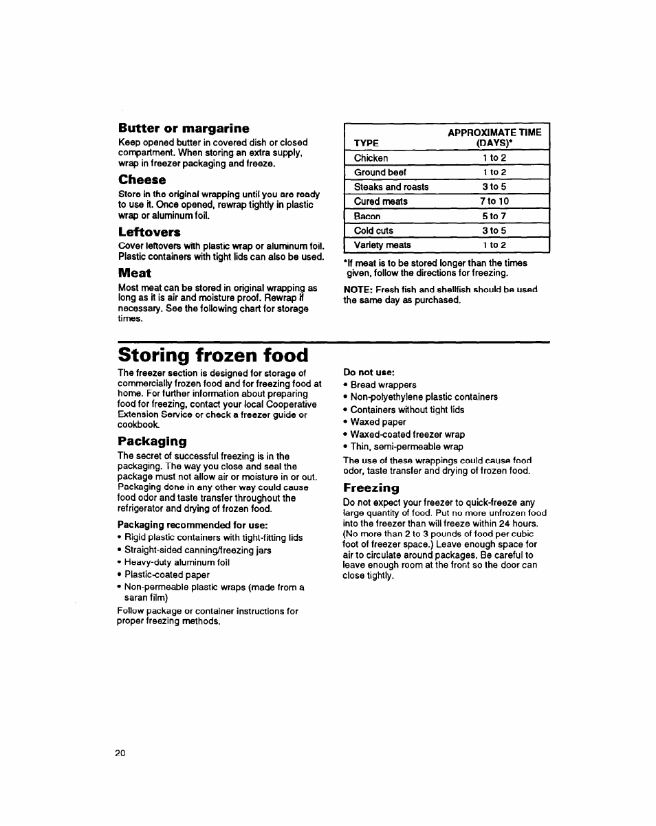 Butter or margarine, Cheese, Leftovers | Meat, Storing frozen food, Packaging, Freezing | Whirlpool 8EDZOZK User Manual | Page 21 / 25