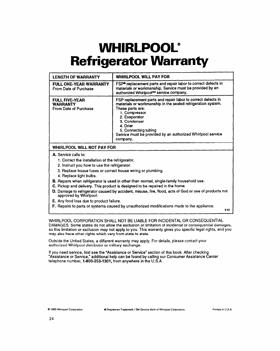 Whirlpool* refrigerator warranty | Whirlpool 8EDZOZK User Manual | Page 25 / 25
