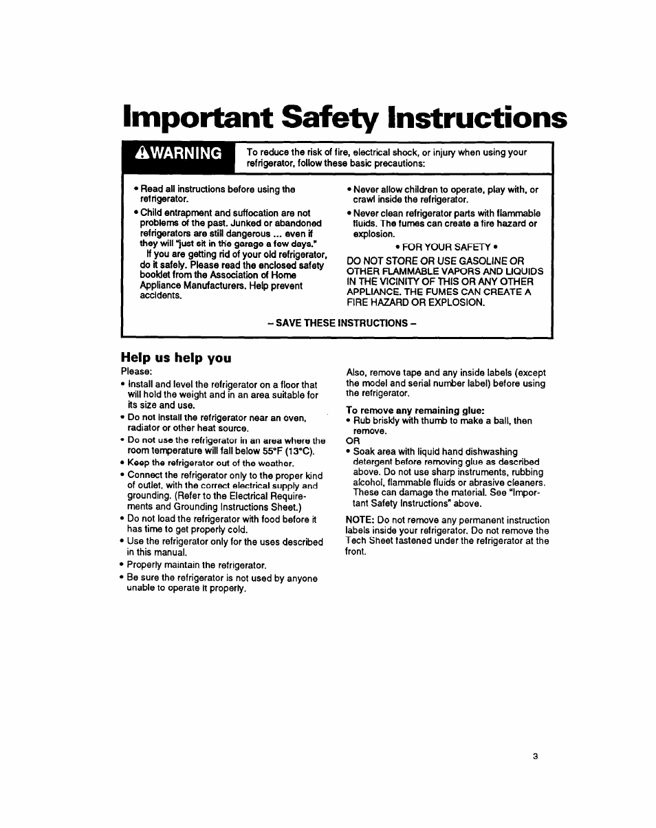Important safety instructions, Help us help you, Warning | Help | Whirlpool 8EDZOZK User Manual | Page 4 / 25