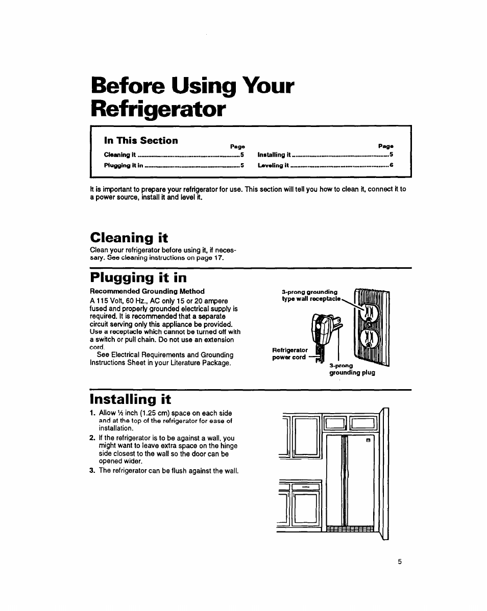 Before using your refrigerator, In this section, Cleaning it | Plugging it in, Installing it | Whirlpool 8EDZOZK User Manual | Page 6 / 25