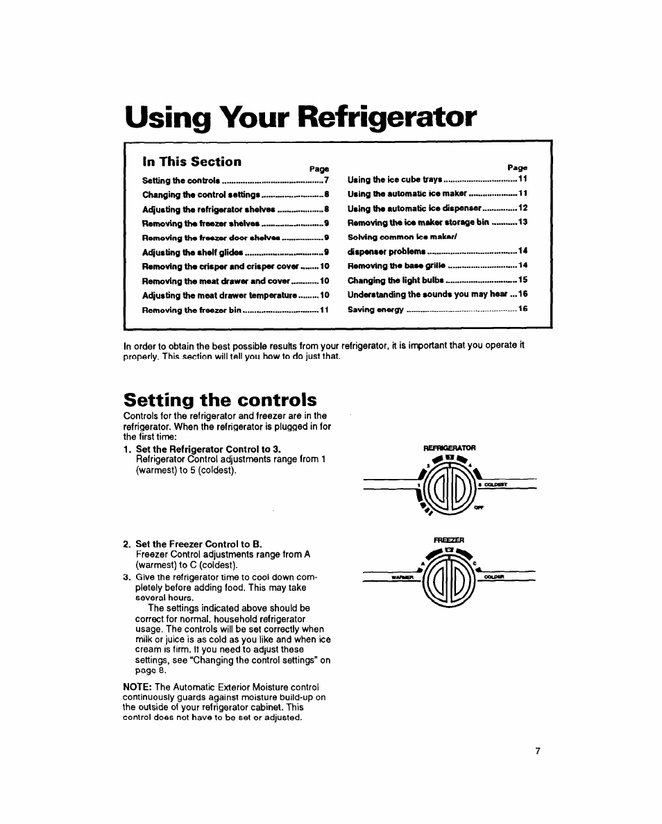 Using your refrigerator, In this section, Setting the controls | Reffogerator | Whirlpool 8EDZOZK User Manual | Page 8 / 25