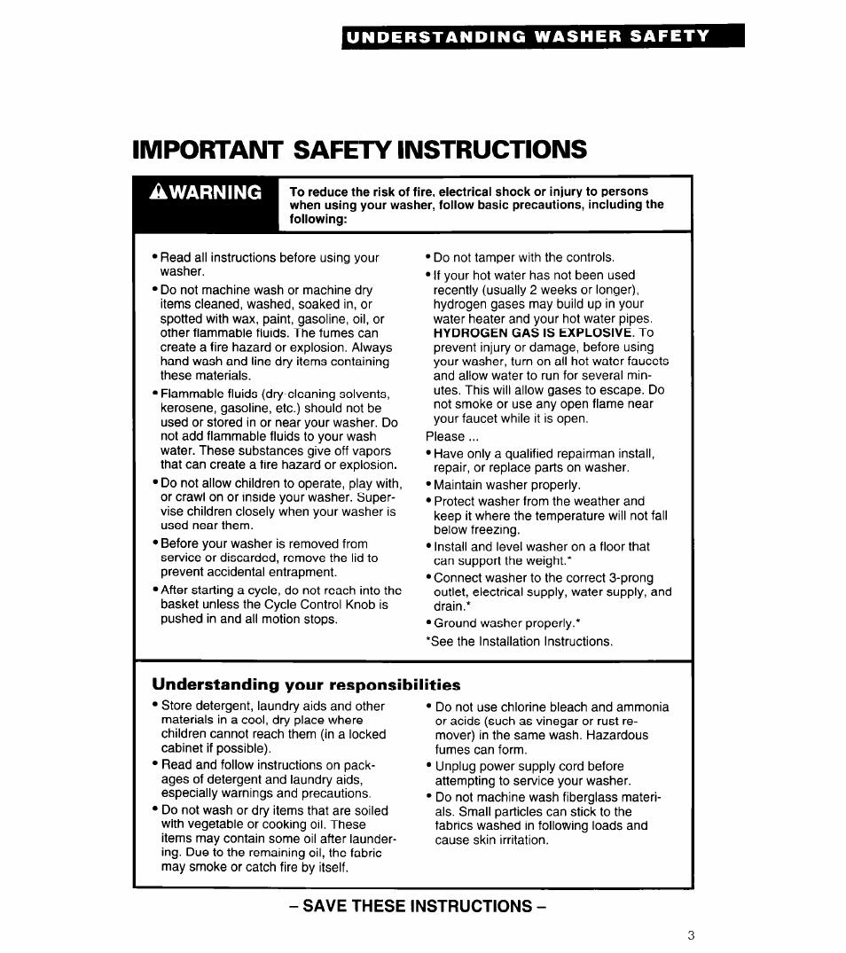 Understanding washer safety, Understanding your responsibilities, Understanding | Washer safety, Important safety instructions, Awarning, Save these instructions | Whirlpool LLC7244AN0 User Manual | Page 3 / 28