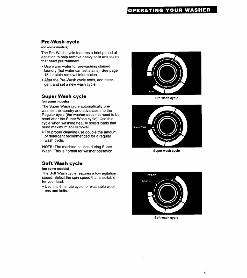 Pre-wash cycle, Super wash cycle, Soft wash cycle | Whirlpool LLC7244AN0 User Manual | Page 9 / 28