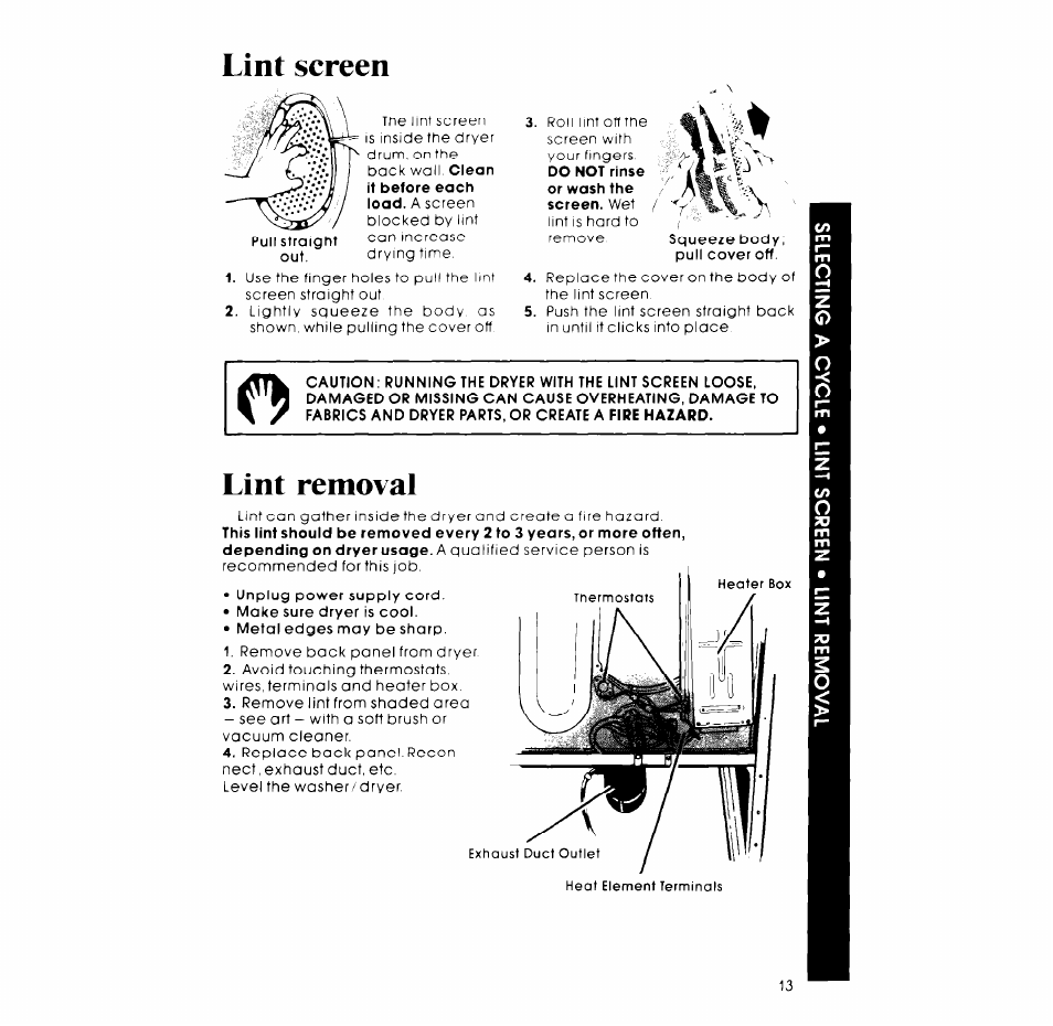 Lint screen, Lint removal | Whirlpool LT4900XM User Manual | Page 13 / 16