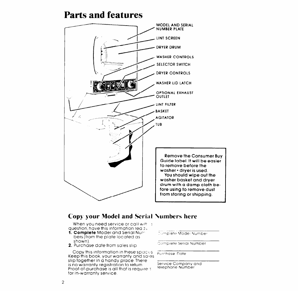 Parts and features, Copy your model and serial numbers here | Whirlpool LT4900XM User Manual | Page 2 / 16