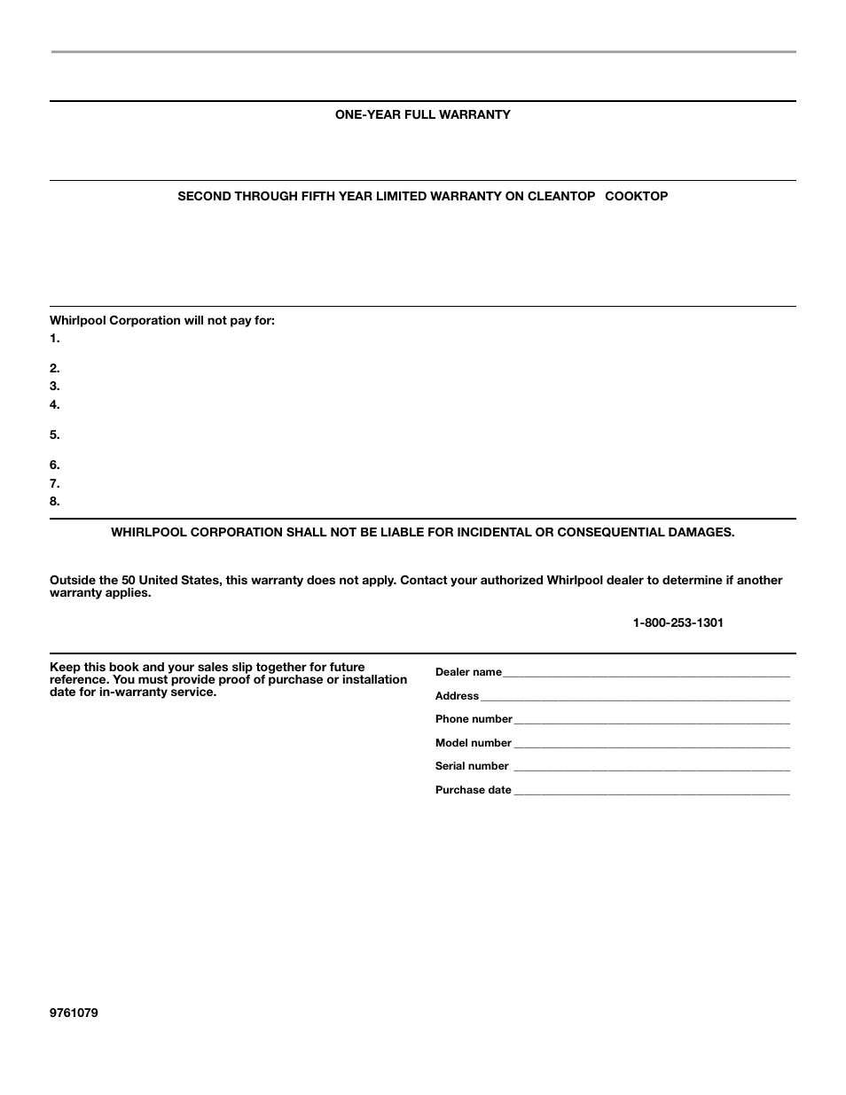 Whirlpool, Cooktop, built-in oven and range warranty | Whirlpool 9761079 User Manual | Page 28 / 28