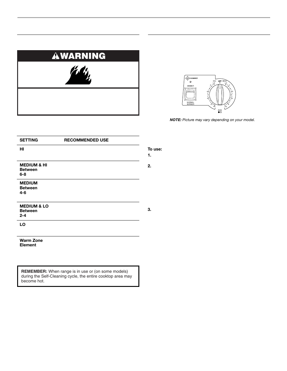 Cooktop use, Warning, Cooktop controls | Accusimmer, Feature | Whirlpool 9761079 User Manual | Page 7 / 28