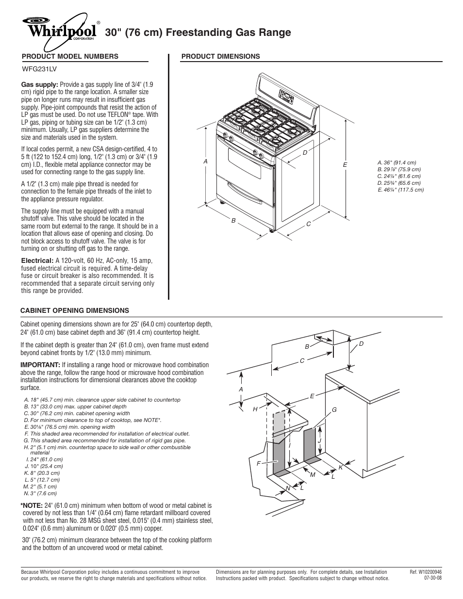 Whirlpool WFG231LV User Manual | 1 page