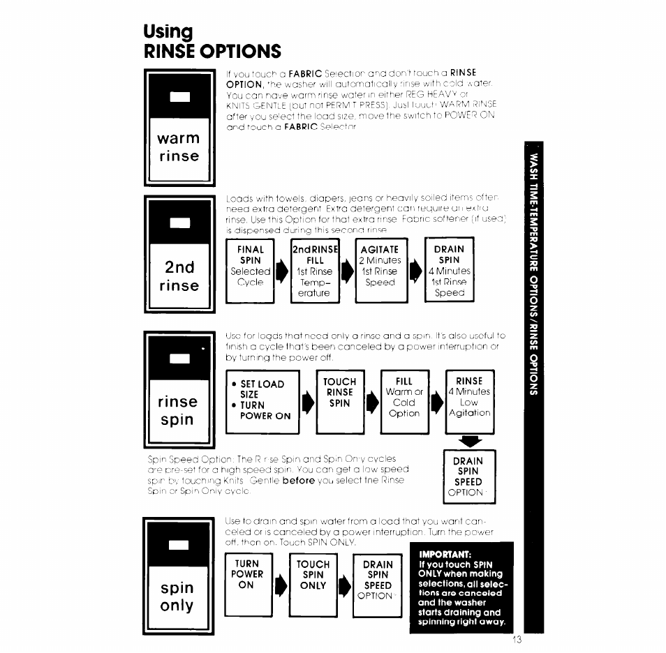 Using, Rinse options, Agitate | Drain, Spin, Using rinse options, Warm rinse 2nd rinse | Whirlpool LA980OXK User Manual | Page 13 / 16