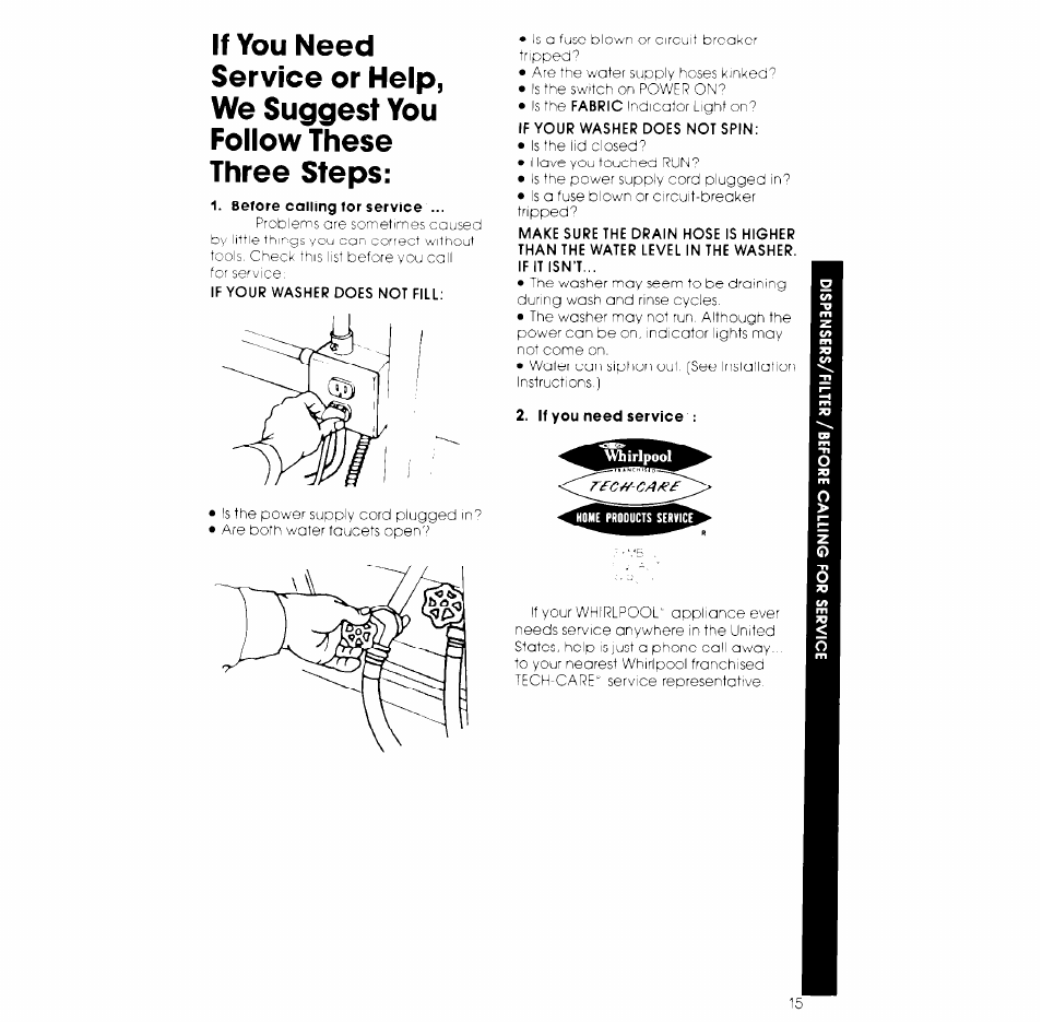 Before calling for service, If you need service, If you need service or help | 1 before calling for service , , , , 15 | Whirlpool LA980OXK User Manual | Page 15 / 16