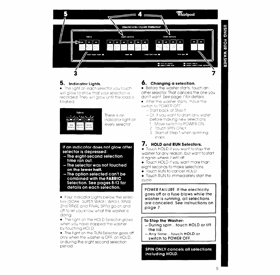 Indicator lights, Hold and run selectors, Spin only cancels all selections including hold | Whirlpool LA980OXK User Manual | Page 5 / 16