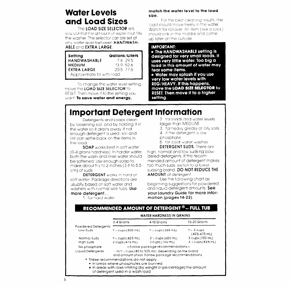 Water levels and load sizes, Setting, Gallons/liters | Match the water level to the load size, Important detergent information | Whirlpool LA980OXK User Manual | Page 6 / 16