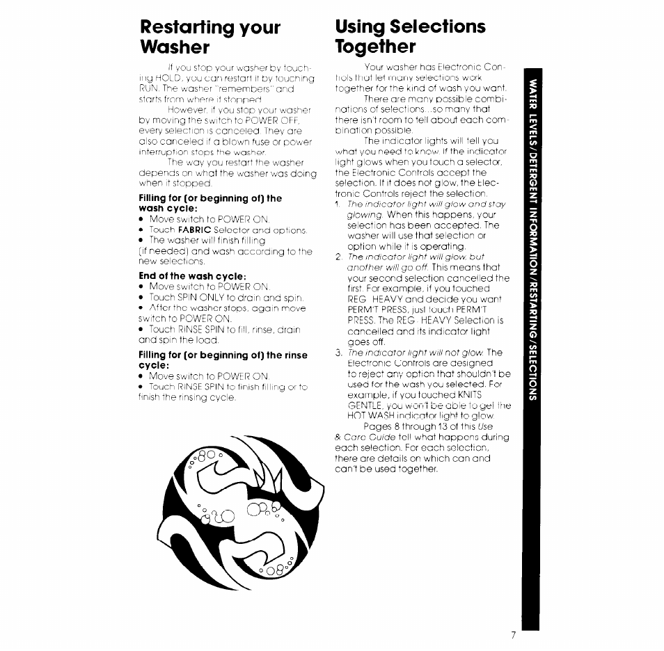 Restarting your washer, Using selections together, Using your washer | Whirlpool LA980OXK User Manual | Page 7 / 16