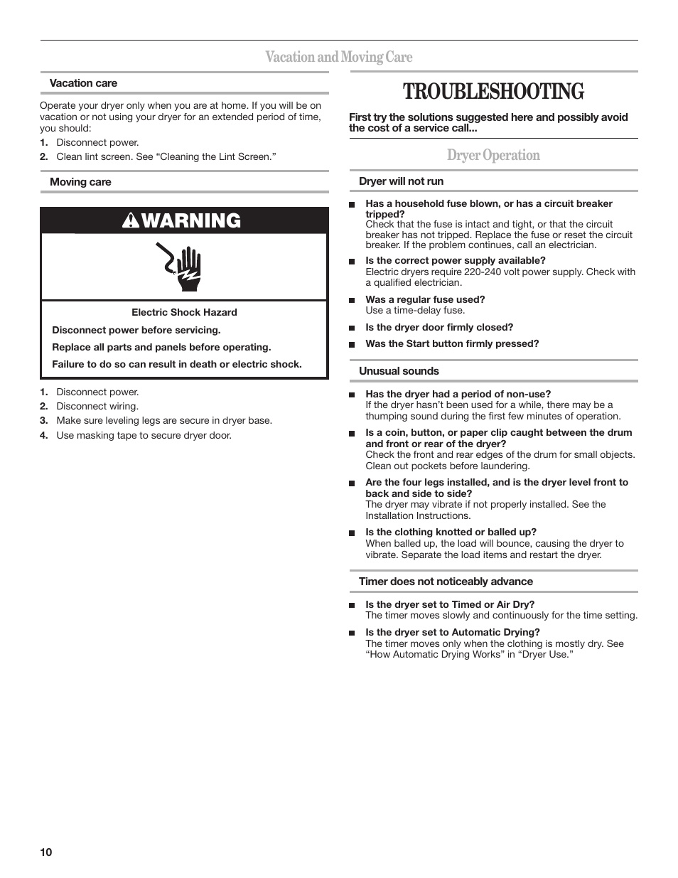 Troubleshooting, Warning, Vacation and moving care | Dryer operation | Whirlpool 3RLEQ8600 User Manual | Page 10 / 12