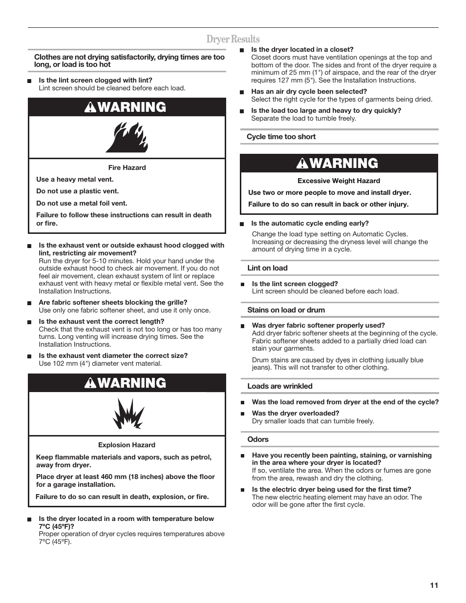 Warning, Dryer results | Whirlpool 3RLEQ8600 User Manual | Page 11 / 12
