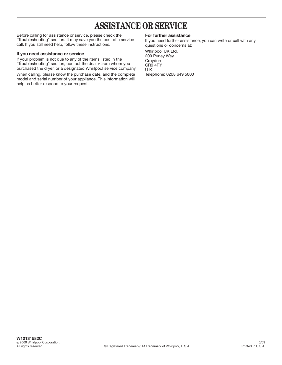 Assistance or service, If you need assistance or service, For further assistance | Whirlpool 3RLEQ8600 User Manual | Page 12 / 12