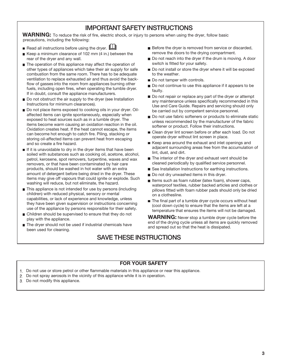 Important safety instructions, Save these instructions | Whirlpool 3RLEQ8600 User Manual | Page 3 / 12