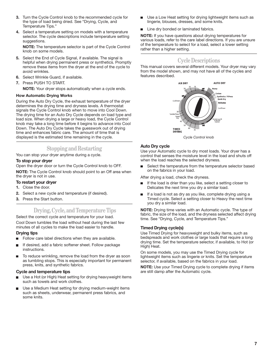 Stopping and restarting, Drying, cycle, and temperature tips, Cycle descriptions | Whirlpool 3RLEQ8600 User Manual | Page 7 / 12