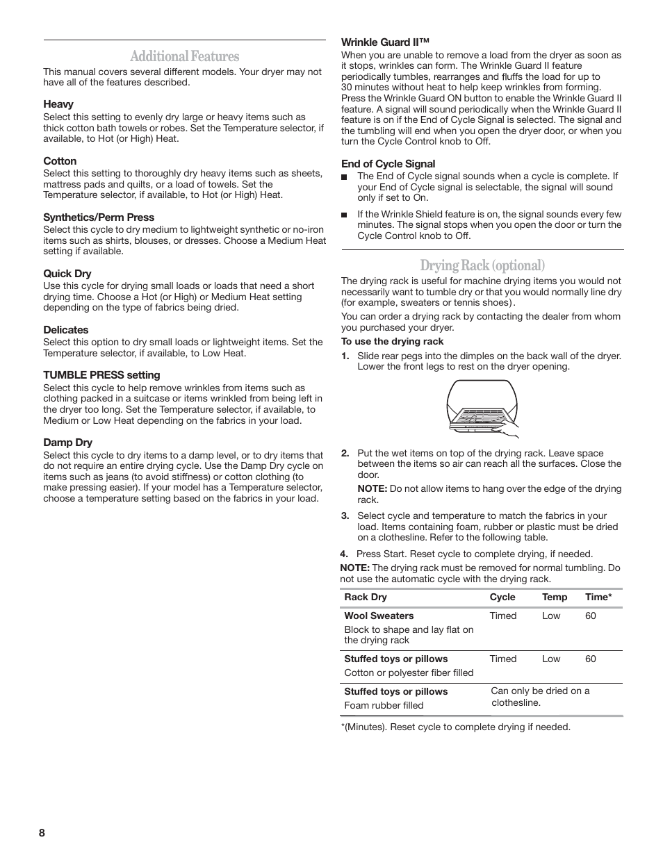 Additional features, Drying rack (optional) | Whirlpool 3RLEQ8600 User Manual | Page 8 / 12