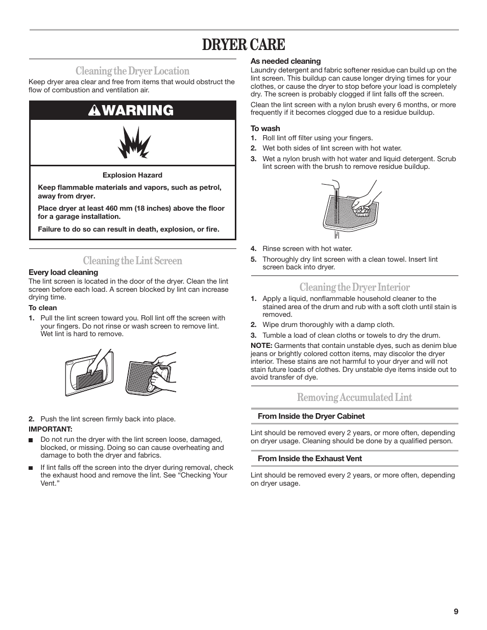 Dryer care, Warning, Cleaning the dryer location | Cleaning the lint screen, Cleaning the dryer interior, Removing accumulated lint | Whirlpool 3RLEQ8600 User Manual | Page 9 / 12