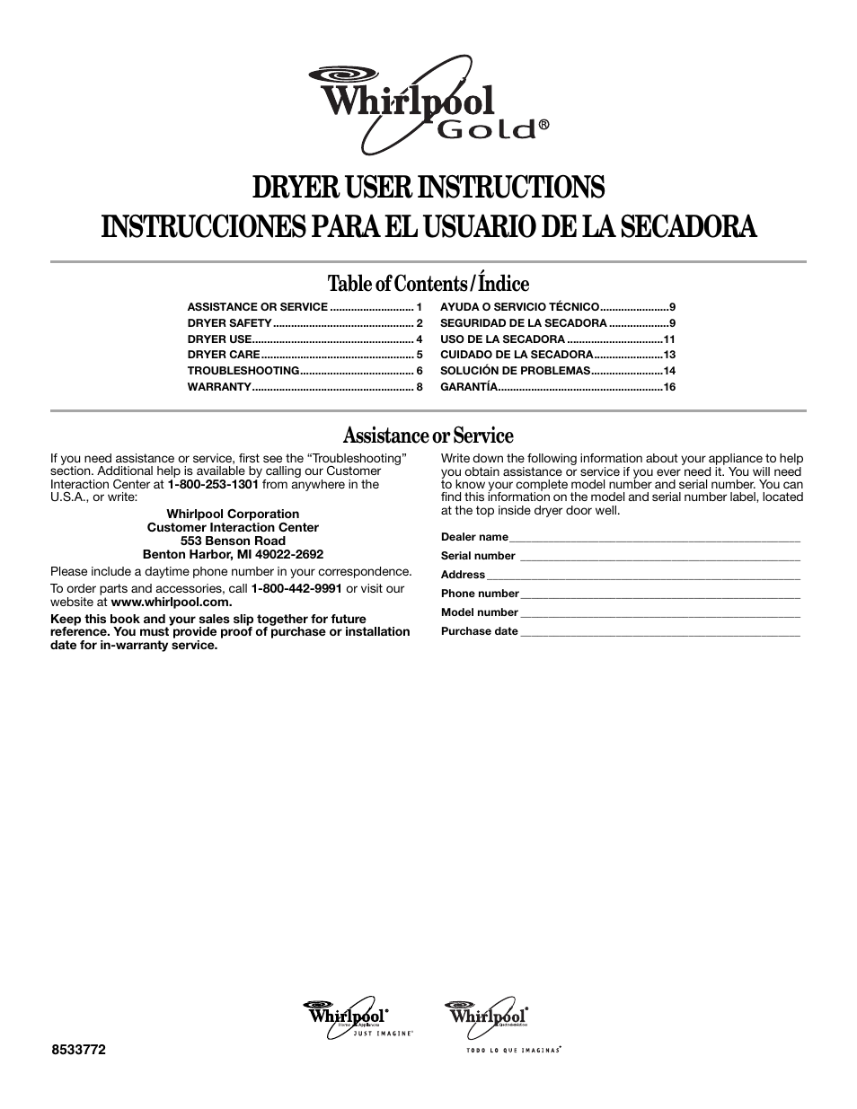 Whirlpool 8533772 User Manual | 16 pages