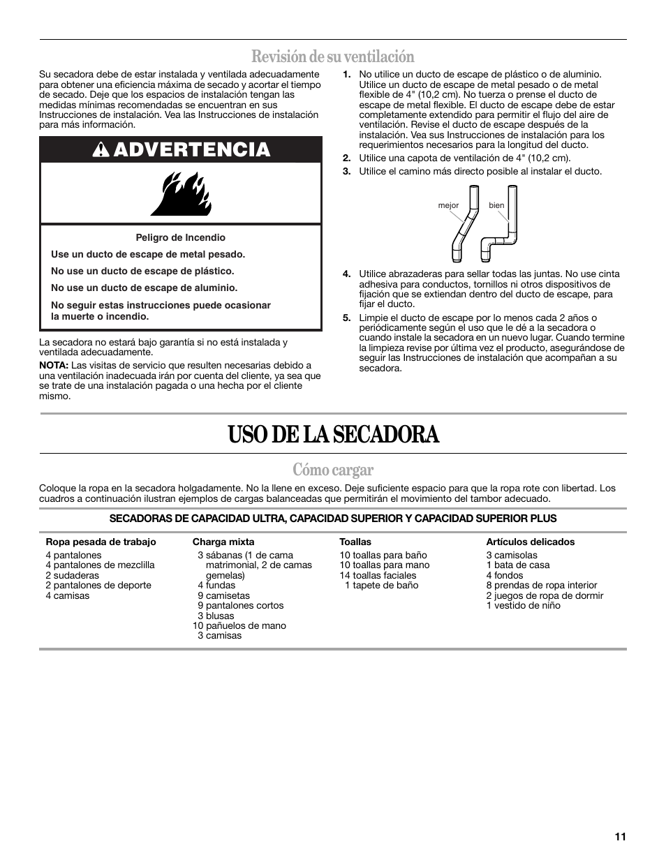 Uso de la secadora, Advertencia, Revisión de su ventilación | Cómo cargar | Whirlpool 8533772 User Manual | Page 11 / 16