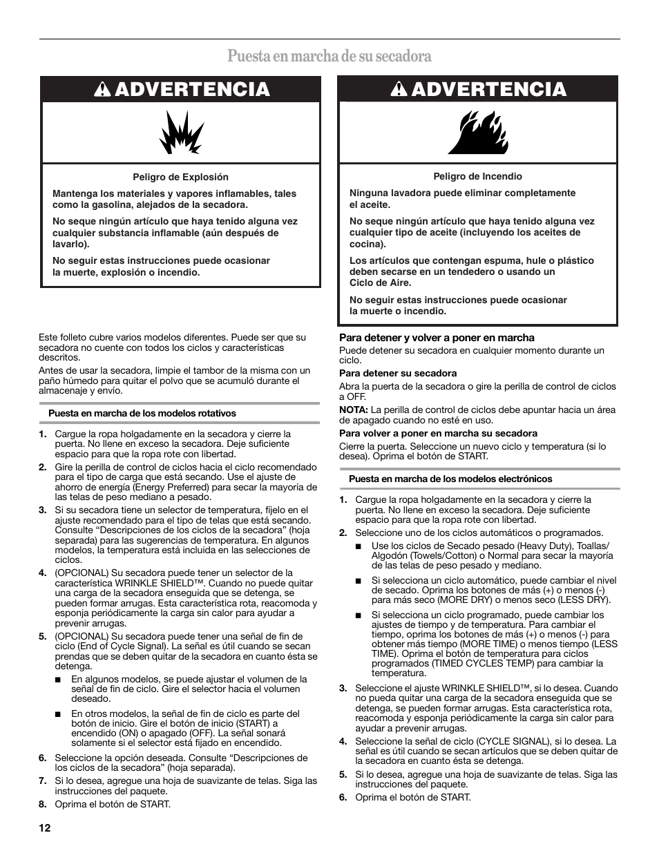 Advertencia, Puesta en marcha de su secadora | Whirlpool 8533772 User Manual | Page 12 / 16