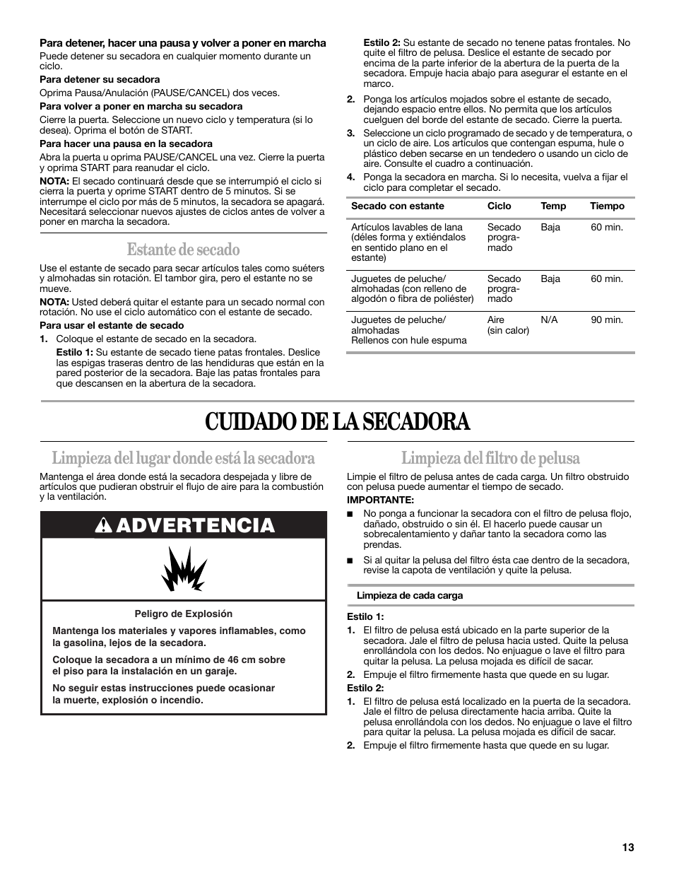 Cuidado de la secadora, Advertencia, Estante de secado | Limpieza del lugar donde está la secadora, Limpieza del filtro de pelusa | Whirlpool 8533772 User Manual | Page 13 / 16