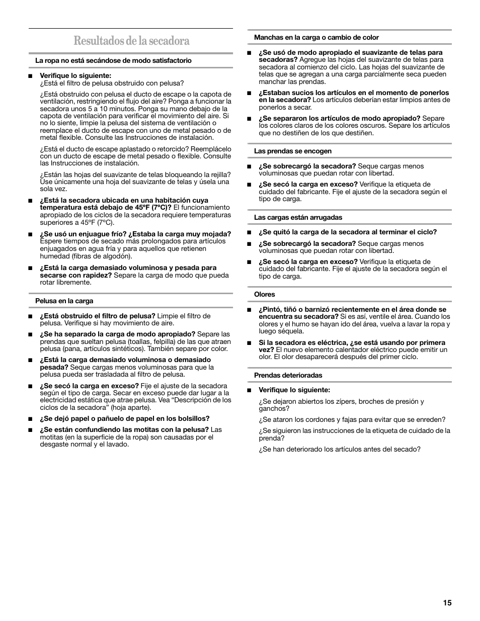 Resultados de la secadora | Whirlpool 8533772 User Manual | Page 15 / 16