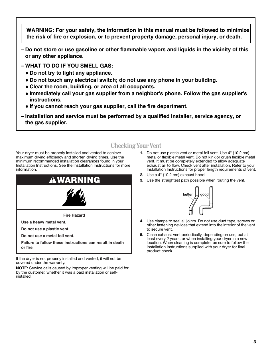 Warning, Checking your vent | Whirlpool 8533772 User Manual | Page 3 / 16