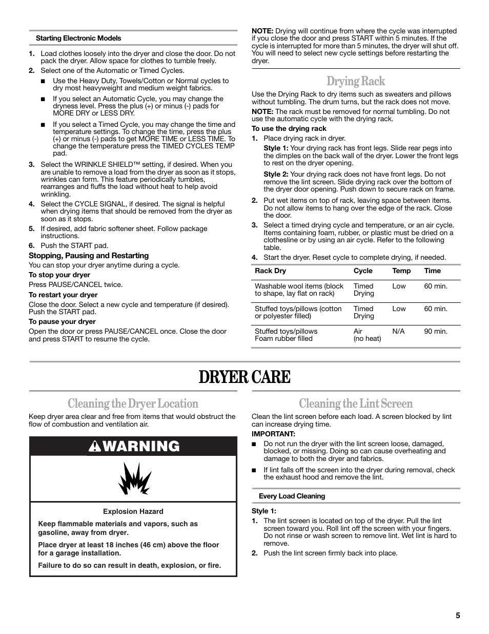 Dryer care, Warning, Drying rack | Cleaning the dryer location, Cleaning the lint screen | Whirlpool 8533772 User Manual | Page 5 / 16