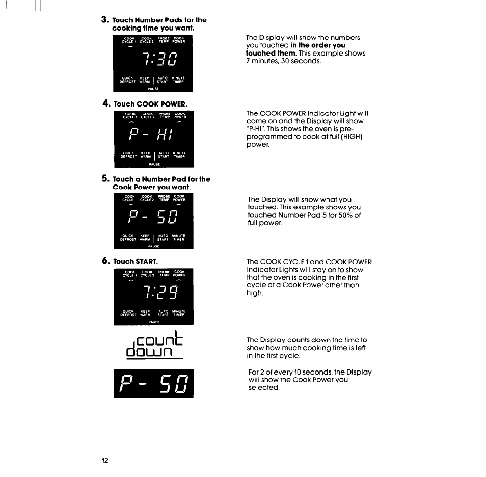 Touch cook power, Touch a number pad for the cook power you want, Touch start | Doujn, Icounb, Ji u | Whirlpool SM988PEP User Manual | Page 12 / 32