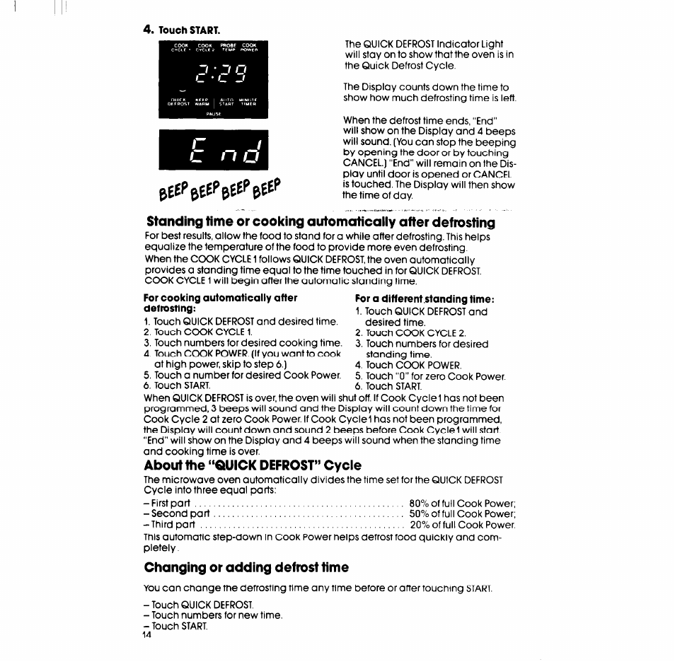 About the “quick defrost” cycle, Changing or adding defrost time | Whirlpool SM988PEP User Manual | Page 14 / 32