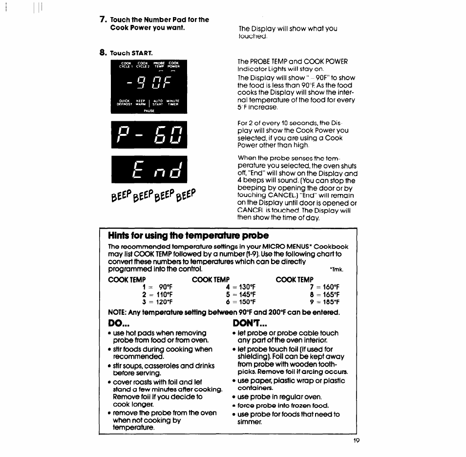 Hints for using the temperature probe, Dont, O n c | I t u | Whirlpool SM988PEP User Manual | Page 19 / 32