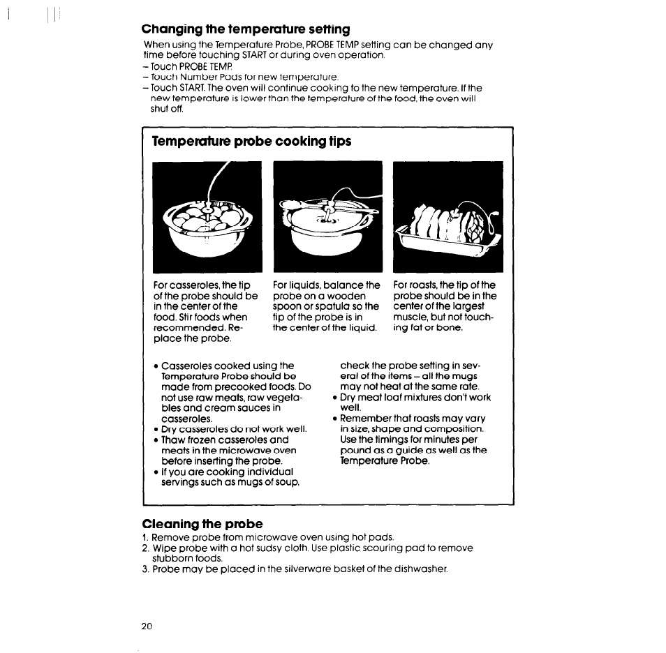 Changing the temperature setting, Temperature probe cooking tips, Cleaning the probe | Whirlpool SM988PEP User Manual | Page 20 / 32