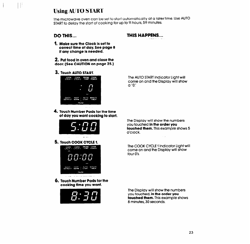 Do this, Touch auto start, Touch cook cycle | C • n n, Using auto start | Whirlpool SM988PEP User Manual | Page 23 / 32