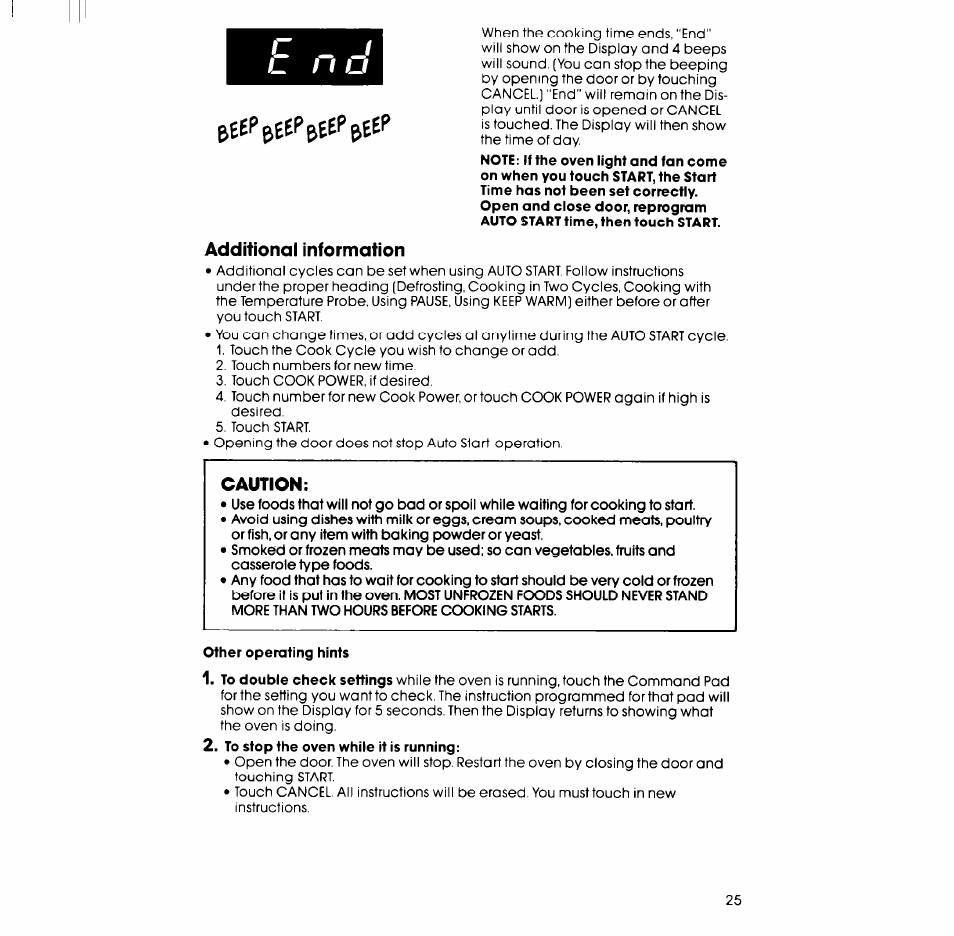 Additional information, Caution, Other operating hints | To stop the oven while it is running, Beefbeef’eteppeep | Whirlpool SM988PEP User Manual | Page 25 / 32