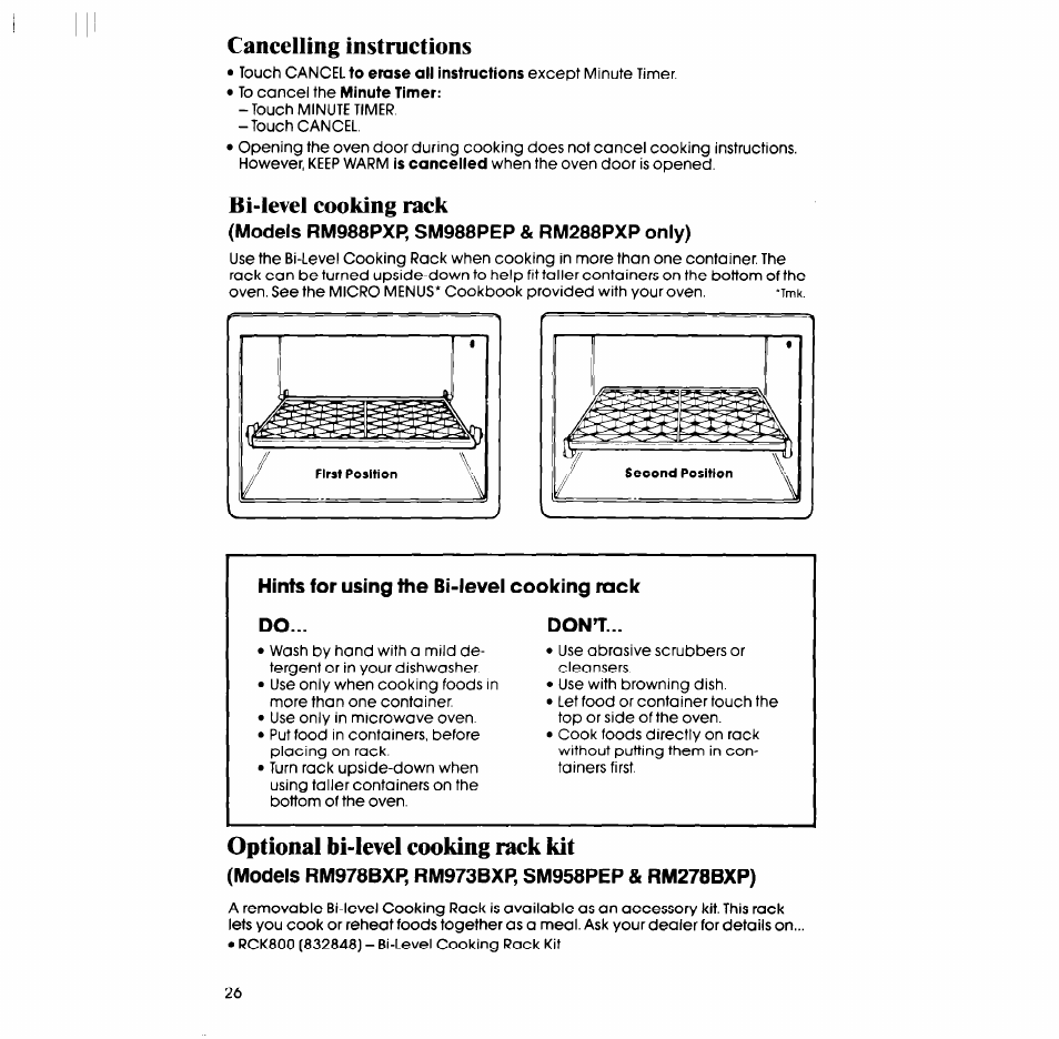 Cancelling instructions, Bi-level cooking rack, Models rm988pxr sm988pep & rm288pxp only) | Optional bi-level cooking rack kit, Models rm978bxp, rm973bxp, sm958pep & rm278bxp) | Whirlpool SM988PEP User Manual | Page 26 / 32