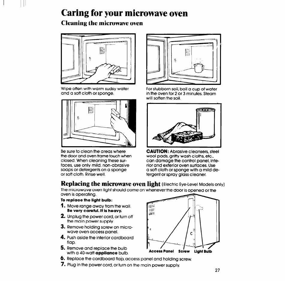 Cleaning the mieronave oven, Caring for your microwave oven, Replacing the microwave oven light | Whirlpool SM988PEP User Manual | Page 27 / 32