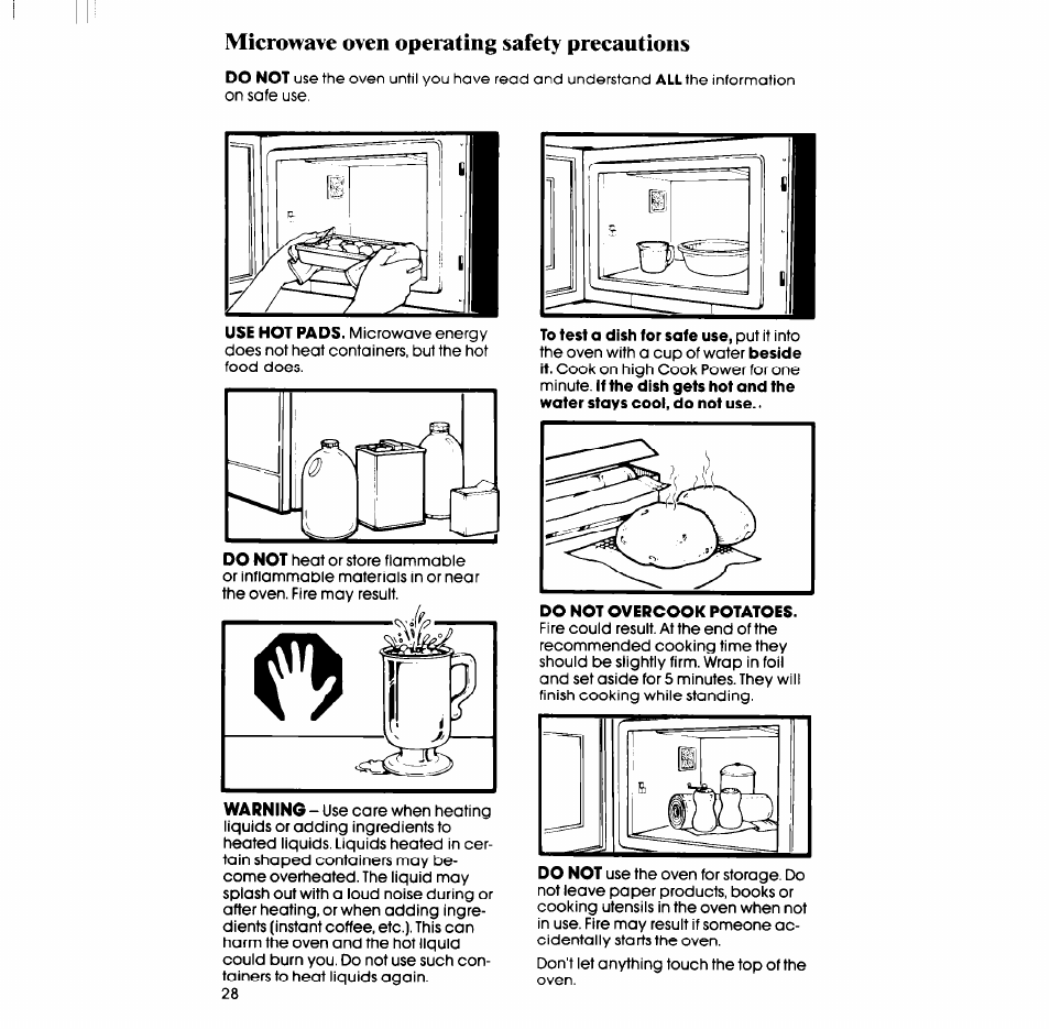 Microwave oven operating safety precautions, Do not overcook potatoes | Whirlpool SM988PEP User Manual | Page 28 / 32