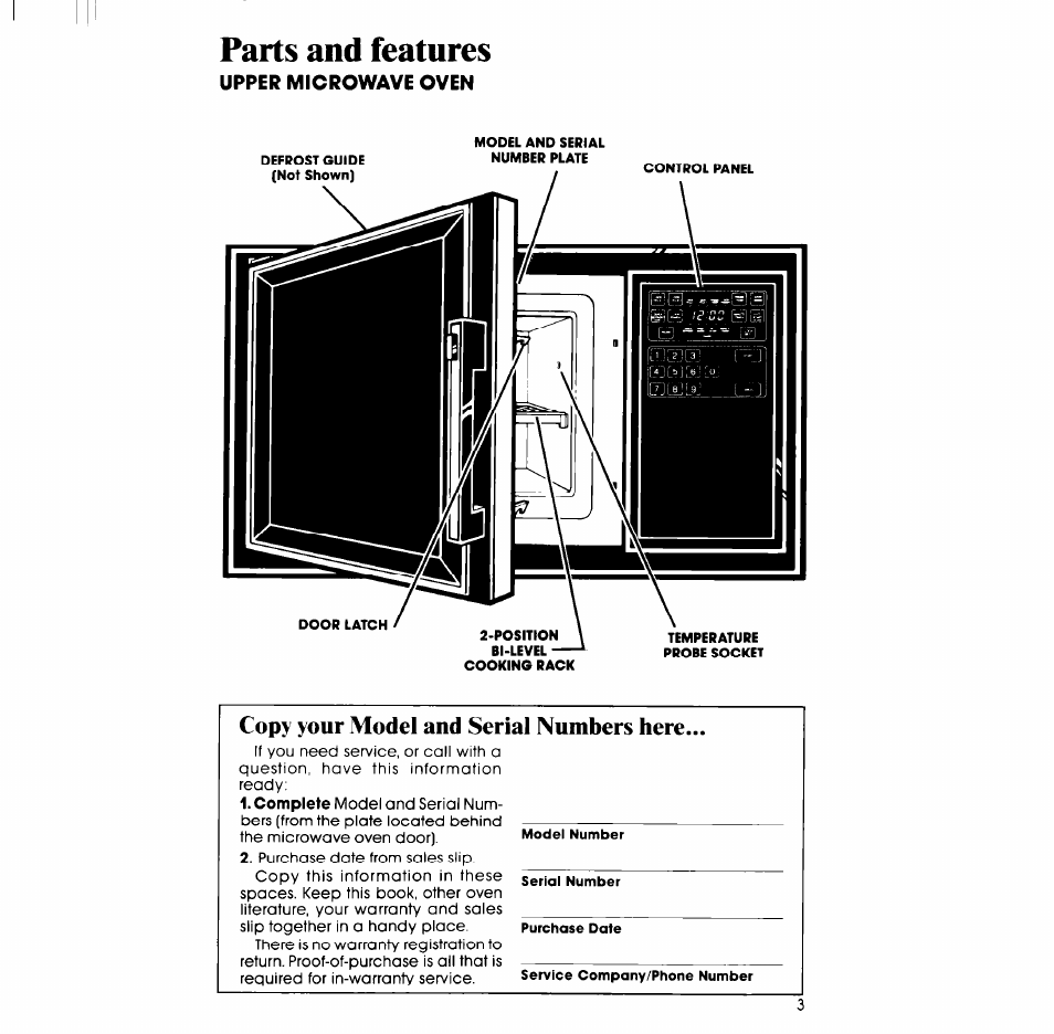 Upper microwave oven, Parts and features, Copy your model and serial numbers here | Whirlpool SM988PEP User Manual | Page 3 / 32