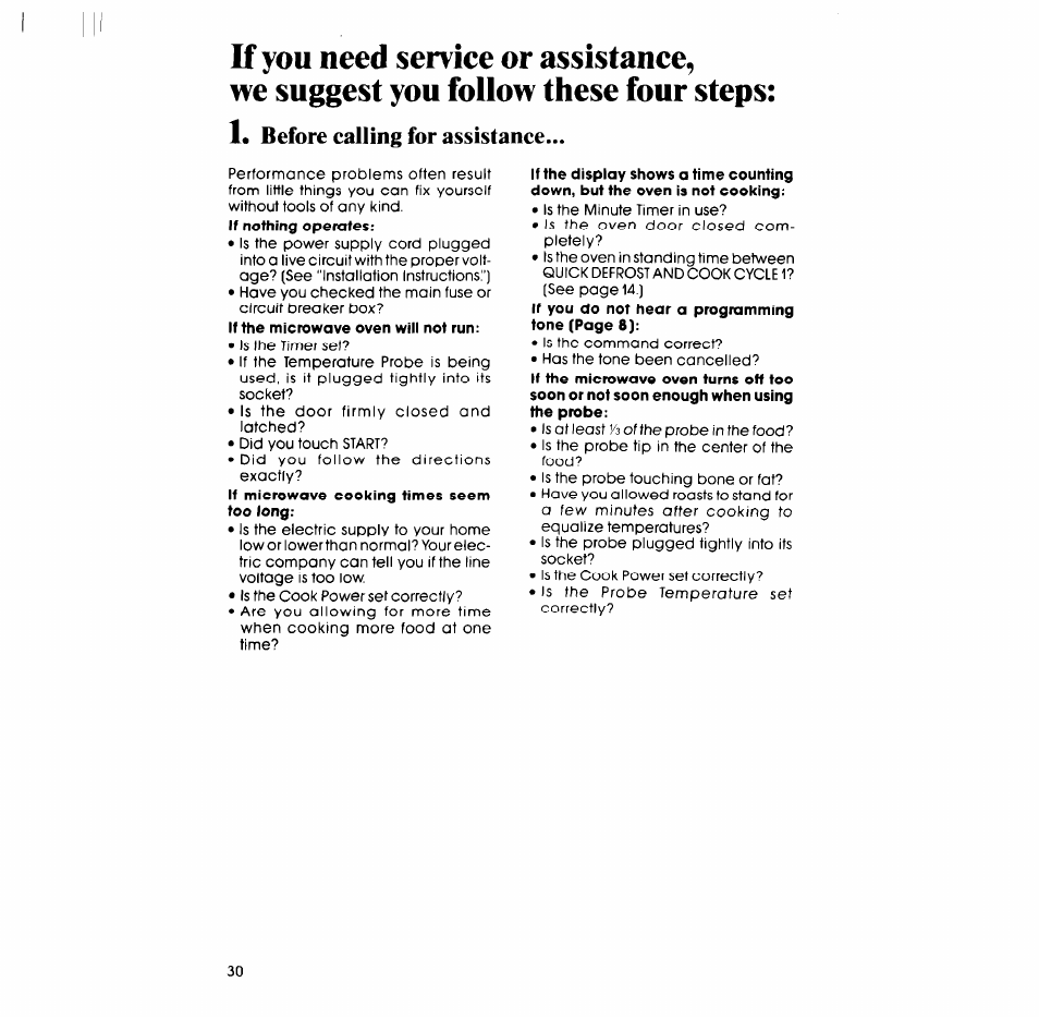 Before calling for assistance | Whirlpool SM988PEP User Manual | Page 30 / 32