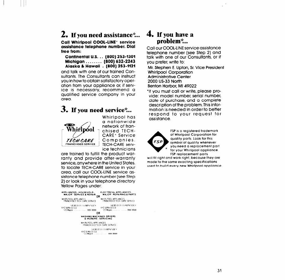 If you need assistance, If you need service, If you have a problem | Need assistance, Need service, If you | Whirlpool SM988PEP User Manual | Page 31 / 32