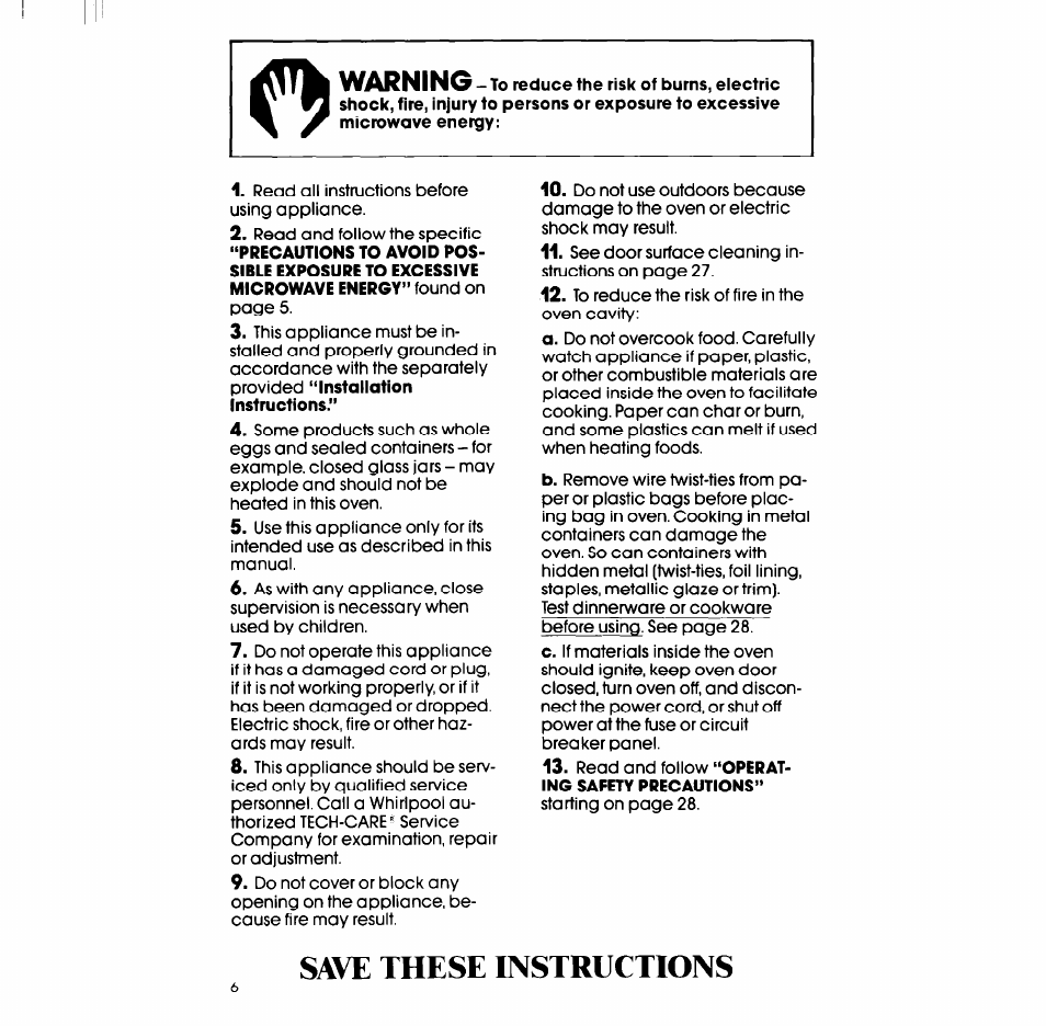 Save these instructions, Warning | Whirlpool SM988PEP User Manual | Page 6 / 32