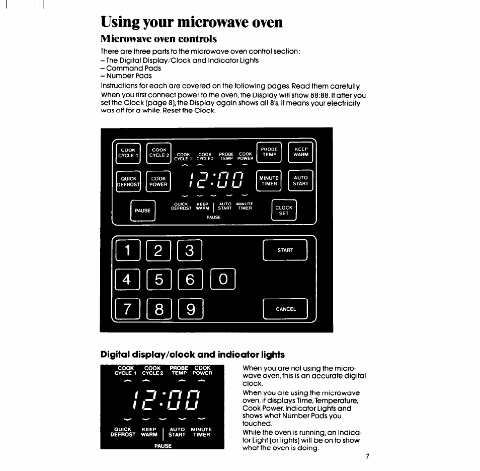 Microwave oven controls, Digital display/clock and indicator lights, Using your microwave oven | Whirlpool SM988PEP User Manual | Page 7 / 32