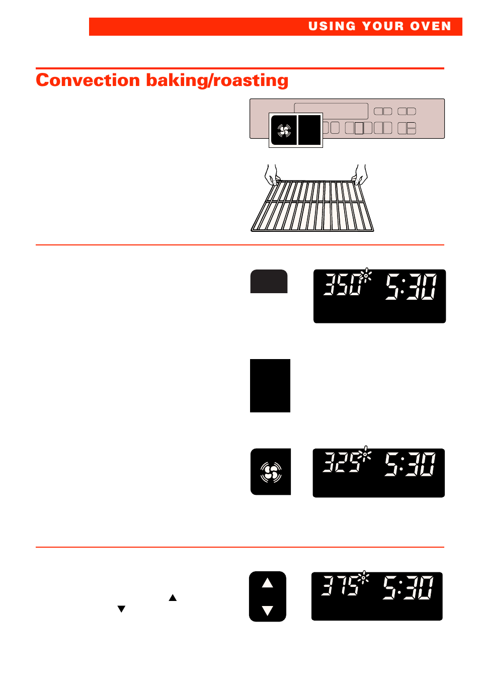 Convection baking/roasting, Position racks, Choose convection setting | Set temperature (optional), Press you see, Press, Continued on next page, Upper oven, For convec- tion on single/upper oven only), Or 163°c) | Whirlpool RBS277PD User Manual | Page 15 / 52