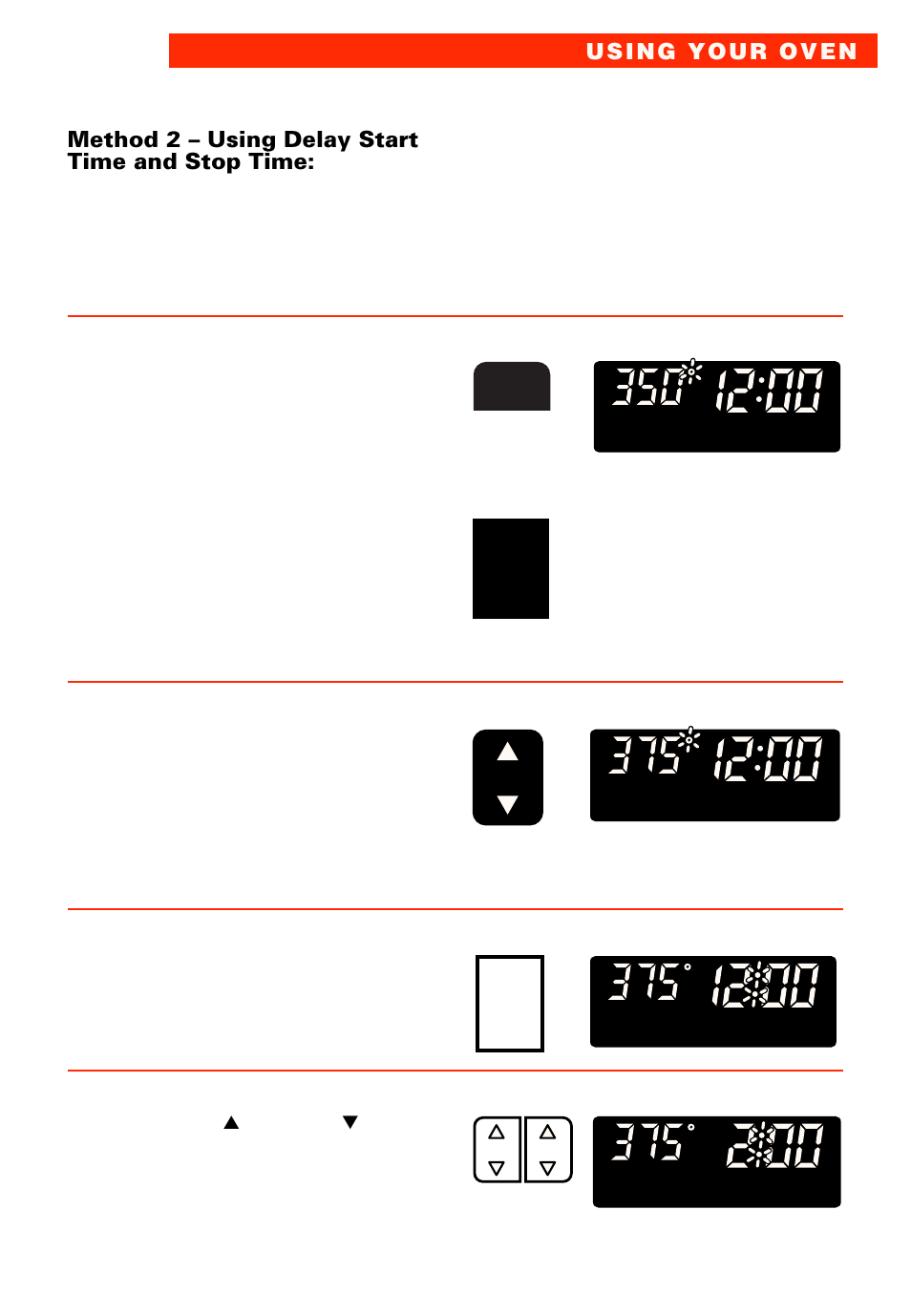 Using delay start time and stop time, Choose setting, Set temperature (optional) | Press delay start time pad. 5. set start time | Whirlpool RBS277PD User Manual | Page 31 / 52