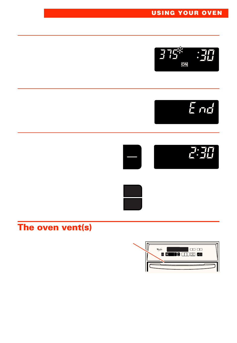 The oven vent(s), When start time is reached, When cooking is done | Turn off oven, You see, Press you see, Display counts down cook time), Single ovens) (double ovens) upper off lower off, Oven vent (time of day), Enter | Whirlpool RBS277PD User Manual | Page 35 / 52